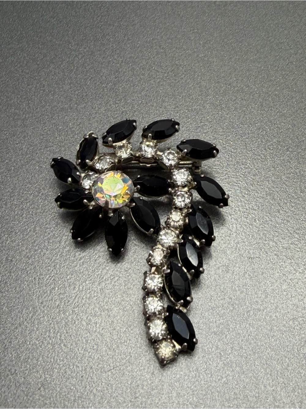 Vintage Black Navette Floral Brooch with Aurora Center #cz77